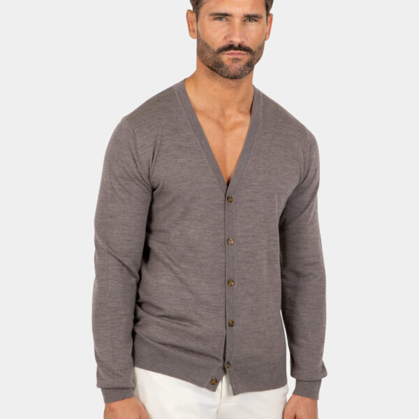 Model wearing a brown Merino wool cardigan, front view.