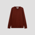 Flat-lay image of a dark red Merino wool crew neck sweater on a white backdrop.