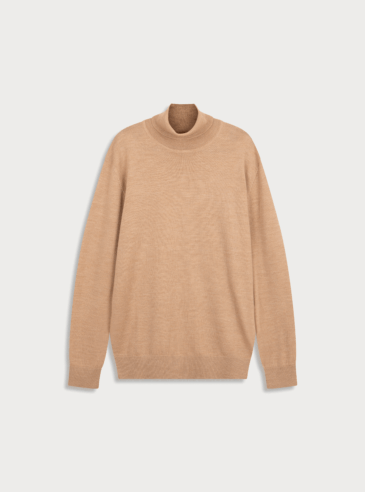 merino-wool-turtleneck-khaki-flatlay Flat-lay image of a khaki Merino wool turtleneck sweater on a white backdrop.