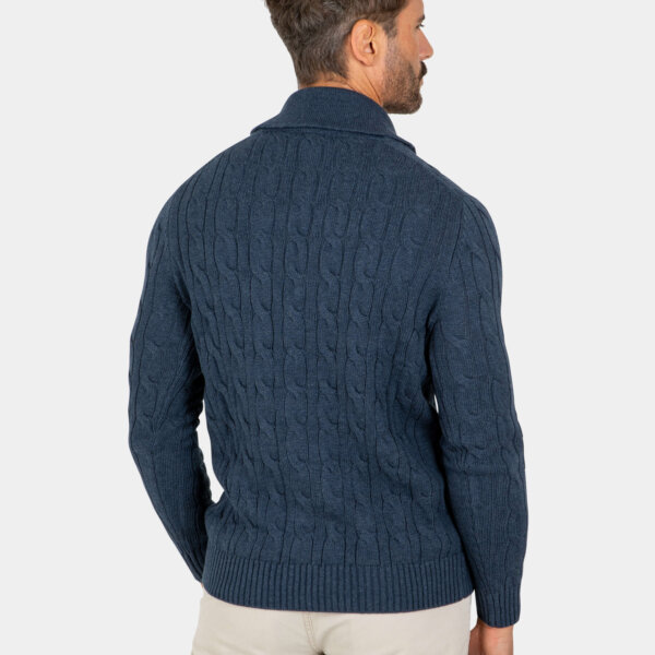 cotton-button-cardigan-navy-back Model wearing a navy cotton button cardigan, back view.
