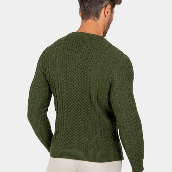 Model wearing a green cotton crew cable-knit sweater, back view.
