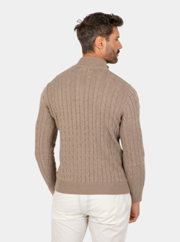 cotton-cable-knit-quarter-zip-brown-back Model wearing a brown cotton cable-knit quarter zip sweater, back view.