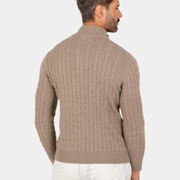 cotton-cable-knit-quarter-zip-brown-back Model wearing a brown cotton cable-knit quarter zip sweater, back view.