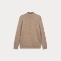 Flat-lay image of a brown cotton cable-knit quarter zip sweater on a white backdrop.