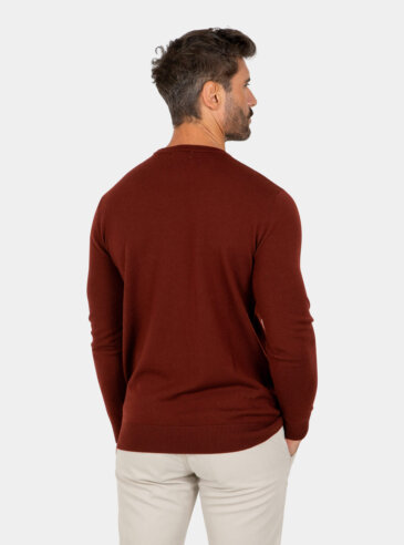 merino-wool-crew-neck-dark-red-back Model wearing a dark red Merino wool crew neck sweater, back view.