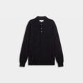 Flat-lay image of a navy Merino wool polo sweater on a white backdrop.