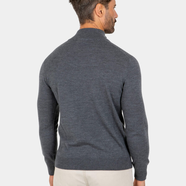 merino-wool-quarter-zip-gray-back Model wearing a gray Merino wool quarter zip sweater, back view.