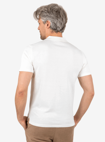 White Knit Button Shirt – Back Model Back view of man wearing white knit button shirt with short sleeves and spread collar.