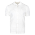White knit short sleeve button shirt laid flat, showing front placket and collar.