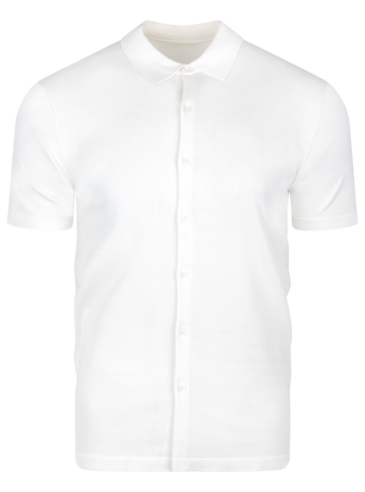 White Knit Button Shirt – Flat Lay White knit short sleeve button shirt laid flat, showing front placket and collar.