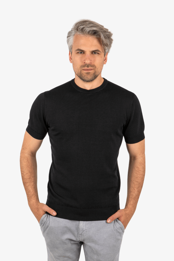 Front view of men’s black cotton-silk knit tee, worn by model