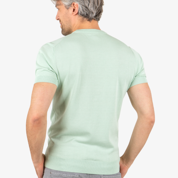Back view of men’s green knit tee with tailored shape, worn by model