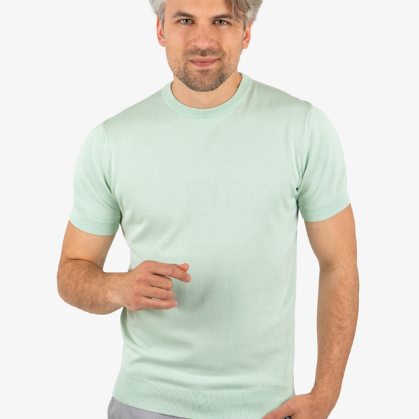 Front view of men’s green knit tee with crew neck, worn by model