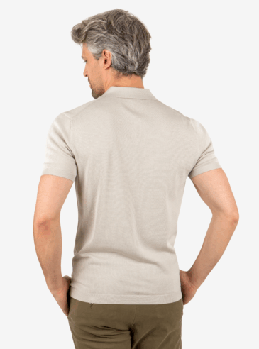 Open Collar Polo – Khaki (Back on Model) Back view of men’s open collar polo in khaki, worn by model