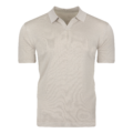 Flat lay of men’s open collar polo in khaki with Johnny collar and tailored fit