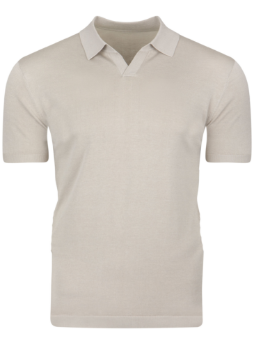 Open Collar Polo – Khaki (Flat Front) Flat lay of men’s open collar polo in khaki with Johnny collar and tailored fit