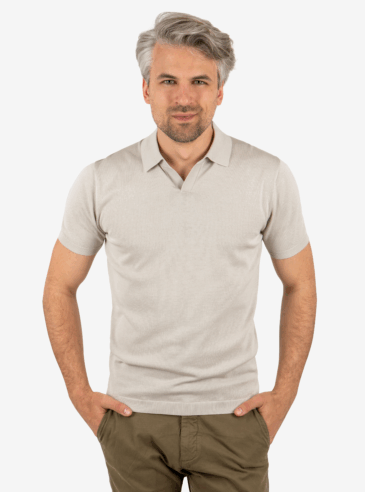 Front view of men’s open collar polo in khaki, worn by model