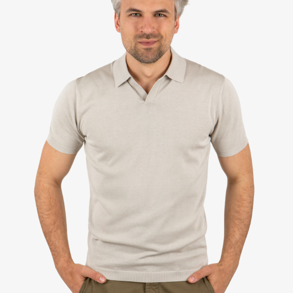 Front view of men’s open collar polo in khaki, worn by model