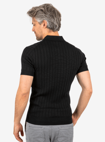 Ribbed Polo – Black (Back on Model) Back view of men’s ribbed polo in black, worn by model