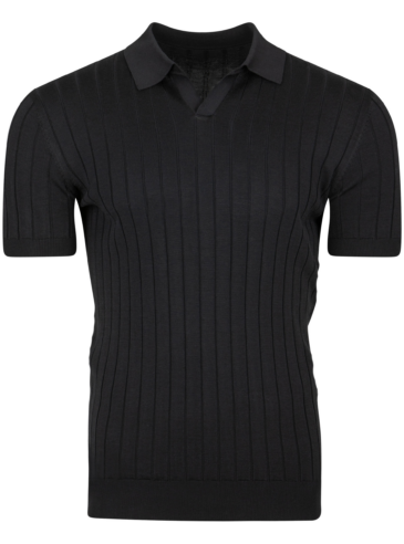 Ribbed Polo – Black (Flat Front) Flat lay of men’s ribbed cotton-silk polo in black with Johnny collar